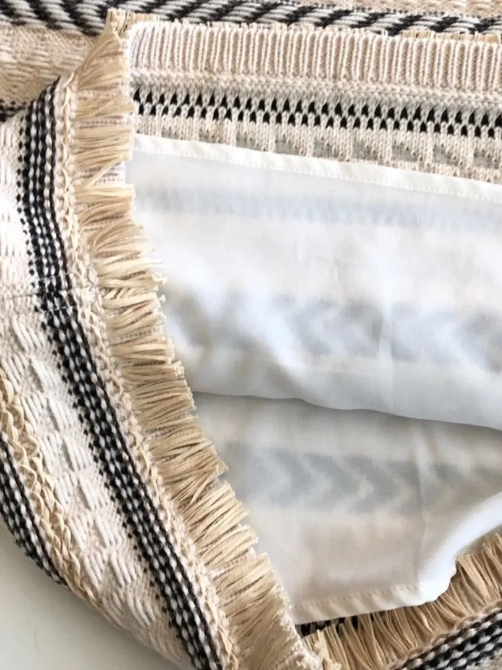 TORY BURCH L Beige Jacquard Tweed Fringe Wool Blend Sweater Pencil Skirt